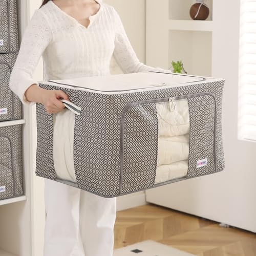 Image of HOKIPO Wardrobe Organizer Storage Box | Foldable Cloth Storage Boxes with Metal Frame & Window | 600D Oxford Fabric | 88L, Pack of 1 Charcoal Grey (AR-5930-CGRY)