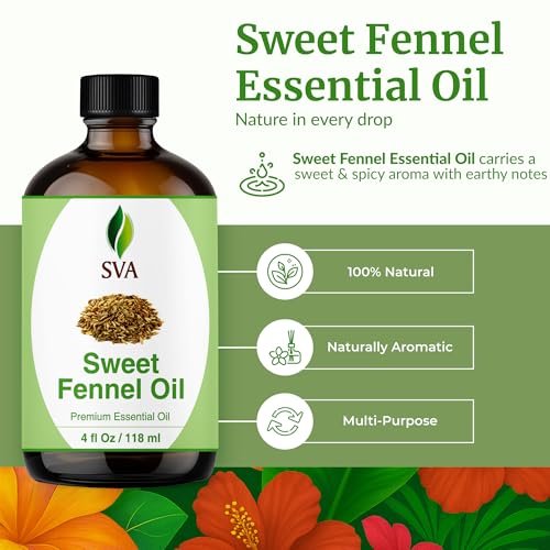 Image of SVA Sweet Fennel Essential Oil, Glass Bottle with Dropper, 4 Fl Oz (118 ml) | Sweet Fennel Essential Oil for Diffuser, Skin Care, Hair Care, Massage, Soap Making, Perfume Making, Fragrance & DIY Blending