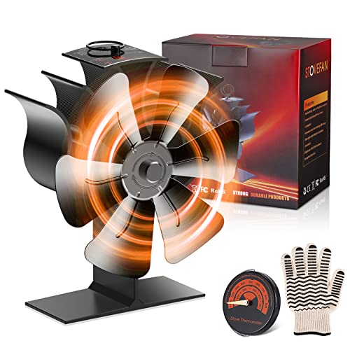 Ahageek Ventilateur de cheminée à 6 feuilles avec barre thermomètre, ventilateur de poêle à bois à bois à fonctionnement silencieux pour brûleurs à bois/bois / cheminée Cover