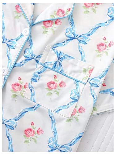 Image of Verdusa Women's 2 Piece Floral Bow Pajama Set Short Sleeve Button Down Shirt and Shorts Set