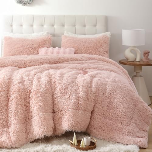Smoofy Fluffy Twin Comforter Set, Faux Fur Comforter Set Pink, Luxury Fuzzy Twin Bedding Set Pink, Soft Shaggy Bed Set for All Season, 2 Pieces - 1 Comforter & 1 Pillowcase, Blush