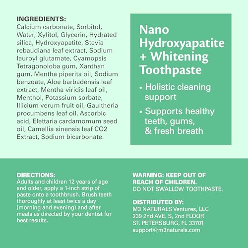 Nano Hydroxyapatite Fluoride Free Whitening Toothpaste + Calcium, Non-GMO, Vegan, Paraben Free, 4.23 oz (120 g) 3 Pack by M3 Naturals