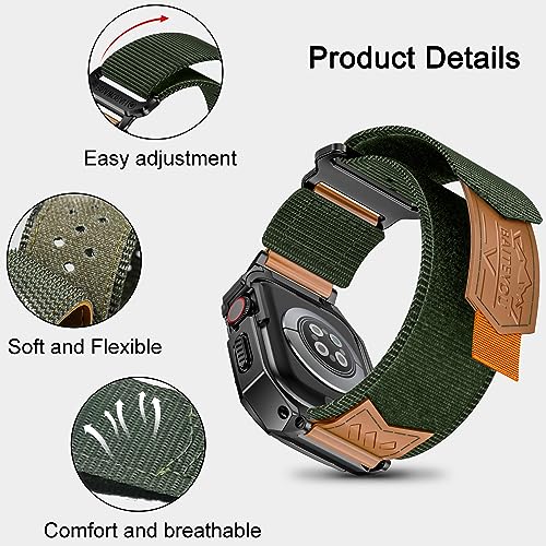 Image of BAITEYOU Band with Case Compatible with Apple Watch Band Series 6 5 4 SE 3 2 1 44mm 42mm, Nylon Strap with Stainless Steel Metal Rugged Case Cover for iwatch Bands for Men