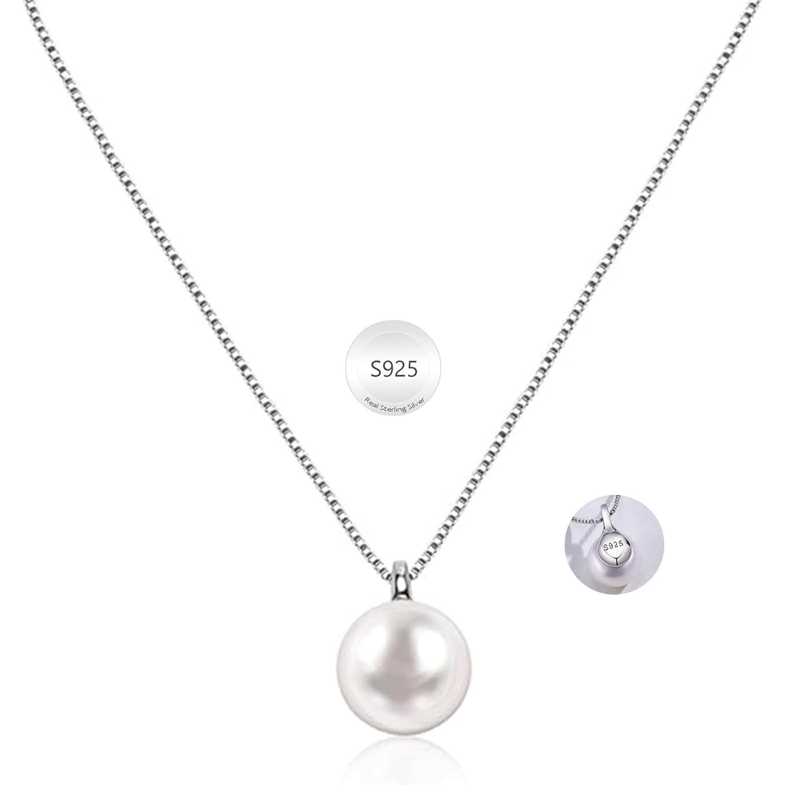 JONAYUOV Silver Pearl Necklace, Single Pearl Necklace Freshwater Pearl Pendant 925 Sterling Silver or 14K Gold Necklaces Gift for Women