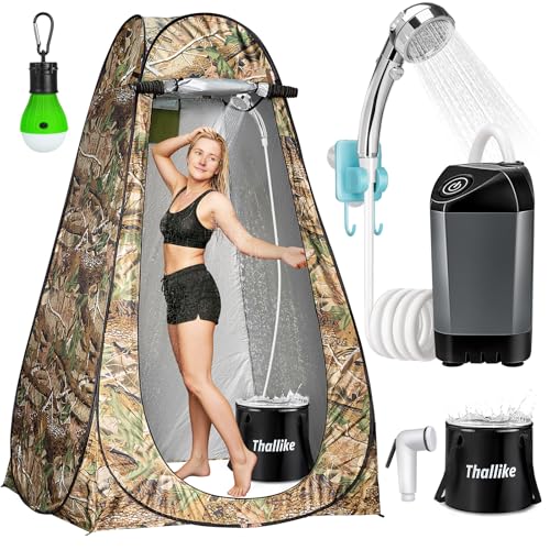 Portable Camping Shower, Pop Up Shower Privacy Tent Kit with LED Lights, 4500mAh Rechargeable Shower Pump, Filtered Shower Head & 7.4 Gallons Foldable Bucket, Outdoor Shower for Hiking Beach, Travel