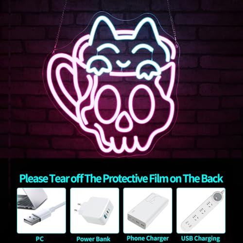 Image of Neon Sign, JGHTURIE Cup Neon Signs for Wall Decor Funny Skull Cat Light Up Sign USB Powered Pink Led Signs for Man Cave Business Coffee Cafe Shop Bakery Hotel Store