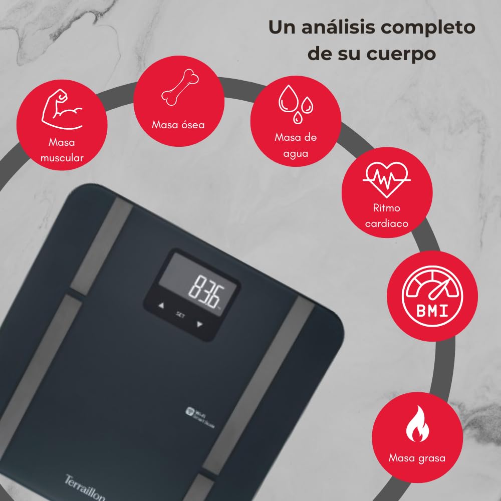 TERRAILLON - MASTER FIT ULTRA Balance conectado Wi-Fi, Frecuencia cardíaca, Análisis de masas grasas, musculares, hídricos, óseos y viscerales, IMC, ingesta diaria de calorías