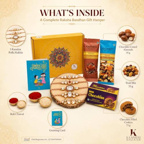 Image of Kaameri Bazaar Kundan Polki Rakhi Set of 5 with Chocolate Coated Almonds 35g, Trail Mix 35g, Chocolate Filled Cookies 75g, Roli Chawal & Greeting Card | Raksha Bandhan Gift Hamper for Brothers