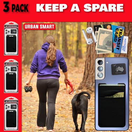 Image of Gecko Travel Tech Double Pocket - Adhesive Card Holder - Cell Phone Pouch - Stick on Spandex Pocket - Carry Credit Cards and Cash (3 Pack - -Blank- Black)