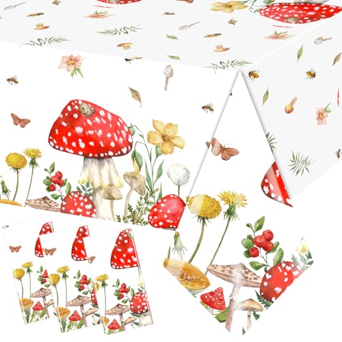Juweked 3Pcs Mushroom Tablecloth Rectangle Enchanted Forest Table Cloth Plastic Fairy Tale Tablecloth Mushroom Table Decorations Cottagecore Tablecloths Woodland Tablecloths Mushroom Party Decor