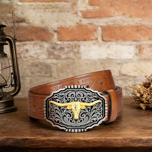 Image of Men Cowboy Belt, Western Cowgirl Big Letter Buckle Belts | Longhorn Bull Strap for Jeans Pants, Faux Leather Embossed Floral County Waistband