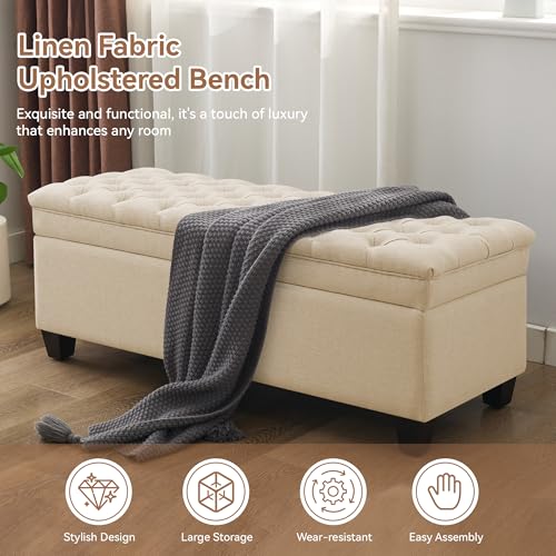 Image of WUTUTUEE 50 inch Fabric Storage Ottoman Bench, Upholstered Rectangle End of Bed Storage Ottoman Tufted Living Room Bedroom Bench with Safety Hinge, Solid Wood Legs, Loads 500 lb(Khaki)
