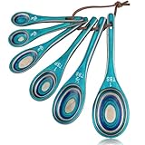 6pcs Measuring Spoons Set, Unique Pakkawood Measuring Spoons Includes 1/8 tsp, 1/4 tsp, 1/2 tsp, 1 tsp, 1/2 tbsp & 1 tbsp for Cooking & Baking, Cute Kitchen Gadgets Gift(Turquoise Blue)