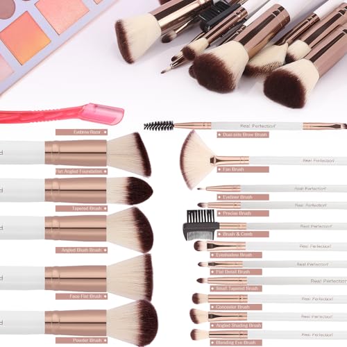 Image of Real Perfection Makeup Brush Set 16 Pcs with 1 Eyebrow Razor Premium Synthetic Foundation Powder Concealers Eyeshadow Blush Makeup Brushes Make up Brushes Kit (White)