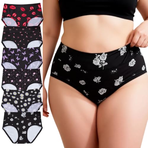 Image of Womens Underwear XL-5XL Plus Size Ladies Panties Mid High Waist Briefs for Woman Floral Print Pantys 6-Pack
