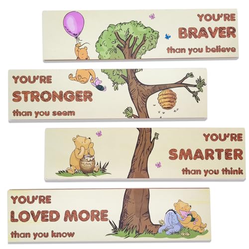 Image of Winnie Bear Baby Shower Decorations, 4-Panel Wooden Nursery Decor Room Inspirational Wall Art, Motivational Quote Signs