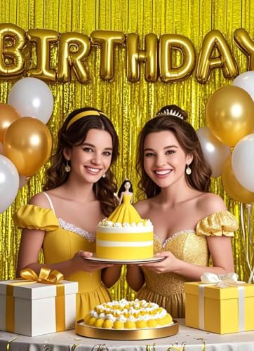 Image of Gold Birthday Party Decorations Beauty Booth Photo Backdrop Curtain Streamers Tinsel Accessories 50th Happy Anniversary 2 Pack