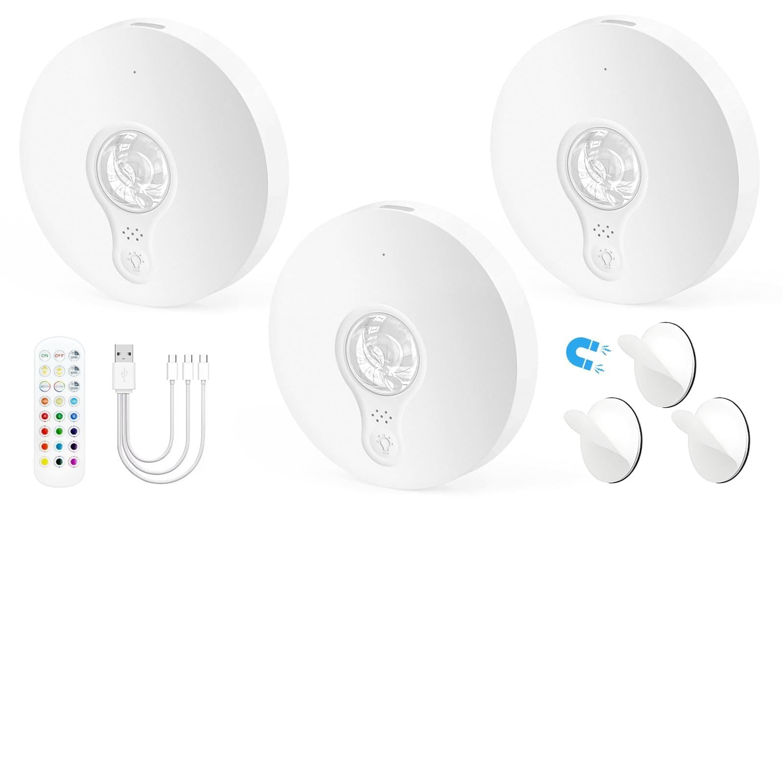 Rechargeable Puck Lights with Remote, 3 Pack Magnetic Under Cabinet Lighting, 1500mAh Battery Operated LED Tap Lights with Dimmer & Timmer for Kitchen