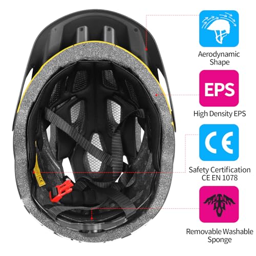 Casco de Bicicleta, Casco de Bicicleta Ligero con luz Trasera y Visera Desmontable, Casco de Ciclismo de 21 ventilación, Casco de Ciclismo de montaña y Carretera para Hombres (BlackYellow) - imagen 5