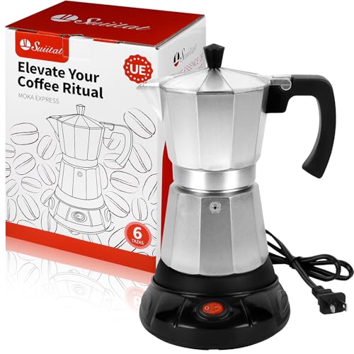 Suiitat Silver Aluminum Electric Moka Pot, 3 or 6 Cups Espresso Maker with Dose Reduction Plate
