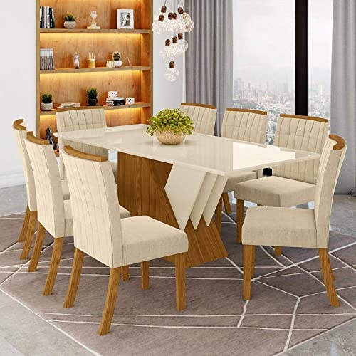 Conjunto Sala de Jantar Mesa Tampo Mdf e Vidro 8 Cadeiras Itália Espresso Móveis Nature/off White/be