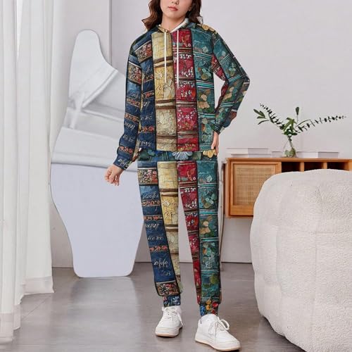 Boy's Girl's Hooded Tracksuit Pullover Sweatshirt Jogging Pants Sweatsuit, Books Lovers Flower Patterns Art2