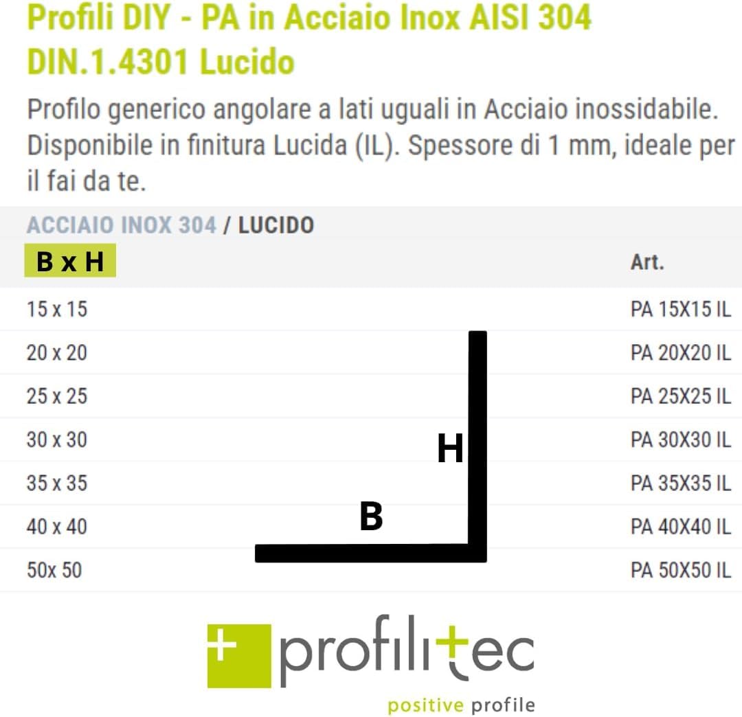 Profilo angolare PROFILITEC Acciaio Inox AISI 304 Lucido 2m 25x25 mm Listello protezione paraspigolo