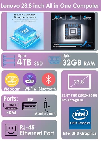 Image of Lenovo IdeaCentre 24 23.8 inch N100 16GB 512GB SSD All-in-One Desktop Computer | Intel 4-Core, FHD IPS Display, WiFi 6, Bluetooth 5.2, Windows 11 Home, Clear Video Calls, Business Home Office AIO