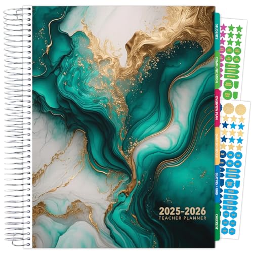 Aug 2025-Jul 2026 Deluxe Teacher Planner Notebook 8.5x11 Daily Weekly Monthly Organizers with 7 Periods, Pocket Folder, Dated Calendar, Page Tabs, Bookmark and Planning Stickers (Teal Gold Marble)