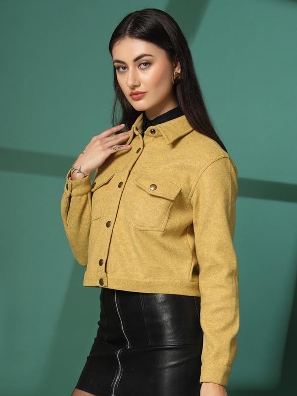 Image of CHKOKKO Solid Crop Jackets for Women stylish latest Long Sleeve Stylish Winter Shirt Jacket Casual Outerwear for Office