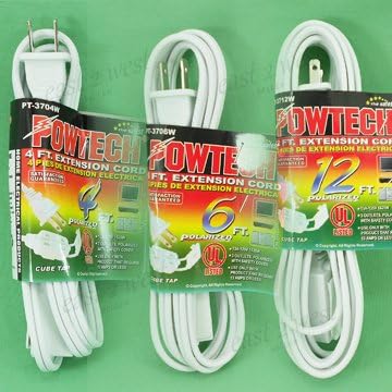 3 Extension Cords 4+6+12 Feet 3 Outlet Grounded 2 Conducter 13A Polarized PT3704-06-12