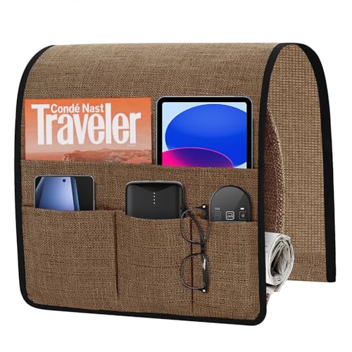 Joywell Sofa Armrest Organizer Couch Armchair Caddy Remote Control Holder for Recliner Non Slip TV Remote Caddy with 6 Pocket Storage for Magazine, Tablet, Phone, iPad, Brown