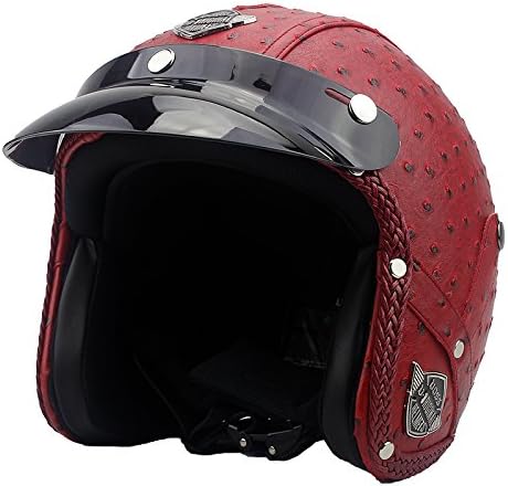 Leather Motorcycle Vintage Half Helmets 3/4 Motorcycle Biker Cruiser Scooter Touring Helmet (L, Red)