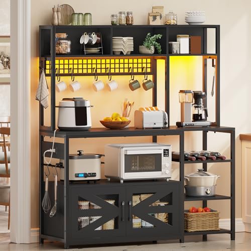Image of Itaar 47.2 Inch Bakers Rack with Power Outlet, Microwave Stand with Storage, Farmhouse Coffee Bar Cabinet Station with Wine Rack, Iron Mesh and 8-S Hooks (Black)