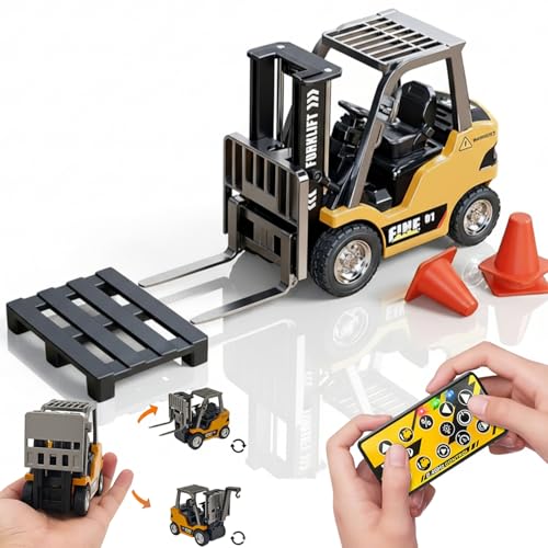 RC Forklift Toy, Remote Control Construction Vehicle with Metal Forks & Crane Hook, Lights and Sounds, 1/64 Scale 6-Channel Heavy Duty Engineering Truck Birthday Gifts for Boys Kids Age 6-12