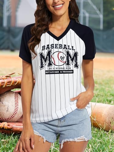 Baseball Mom Shirts for Women - Oversized V Neck Baseball Jersey Shirt Stripe Graphic Print Casual Tops Tees2