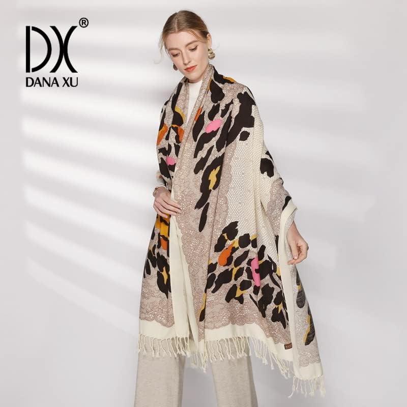 DANA XU 100% Merino Wool Pashmina Shawl for Women 96"x43", Oversized Cashmere Wrap with Tassels, Floral Travel Blanket Cape - Image 8