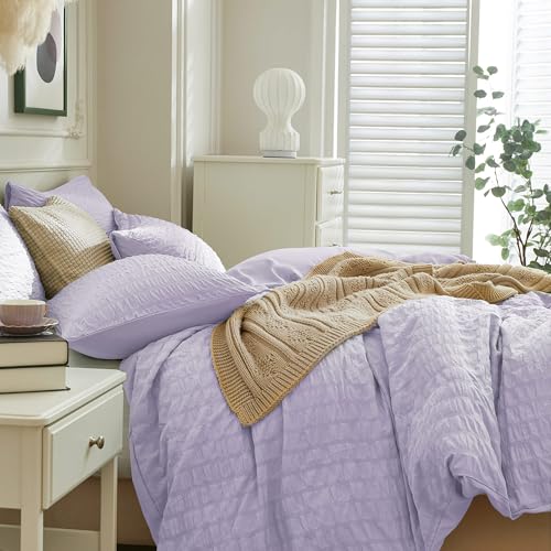 Image of JELLYMONI Light Purple Duvet Cover Queen Size, 3pcs Washed Microfiber Bedding Set, Soft Breathable Seersucker Duvet Cover Set with Zipper Closure and Corner Ties for All Seasons