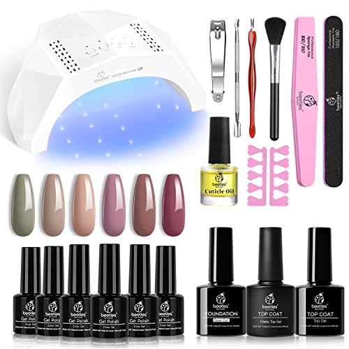 Beetles Gel Nail Polish Kit with U V Light Starter Kit, Gel Polish 6 Nude Gel Nail Polish Set with 48W U V LED Nail Lamp, Base Gel Top Coat and Gel Manicure Nail Tools DIY Home Nail Design Mother's Day Gift for Women