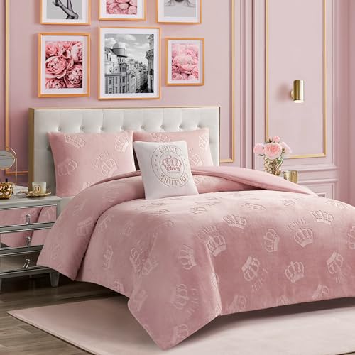 Image of Juicy Couture Plush Reversible Embossed Crown 4-Piece King Comforter Set with Decorative Pillow, Light Pink
