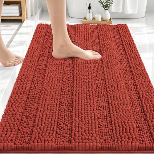 Image of OLANLY Thick Bathroom Rugs 30x20, Extra Absorbent Chenille Striped Bath Rugs, Rubber Backing, Machine Wash Dry, Bath Mats for Bathroom Floor, Tub and Shower, Home Decor Accessories, Rustic Terracotta
