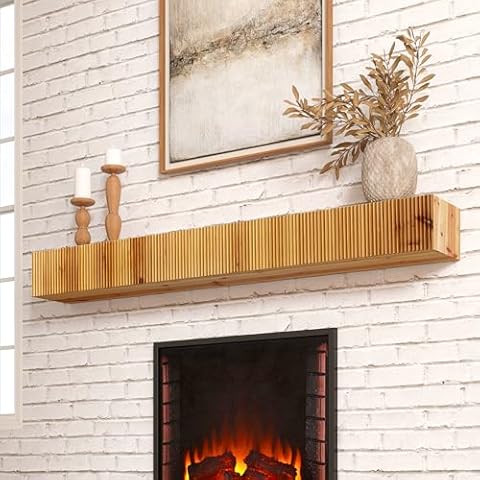 blingworld Fireplace Mantle, 60" Fluted Floating Mantel Shelf for Over Fireplace or Under TV, Rustic Handcrafted Wood Floating Shelves for Living Room Bedroom Kitchen Wall Decor, Natural Cover