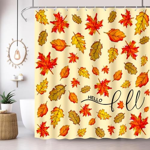 Fall Shower Curtain for Bathroom, Orange Autumn Leaves Shower Curtains for Fall Bathroom Decor, 72 X 72 Inch