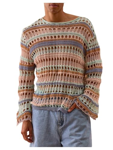 Men's Striped Crochet Knit Tops Hollow Out Long Sleeve Crew Neck Loose Pullover Sweaters Streetwear