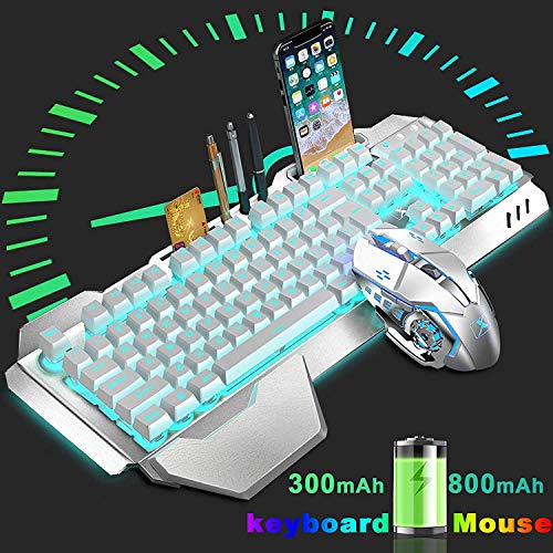 Image of LexonElec Wireless Keyboard & Mouse,Blue LED Backlit Rechargeable Keyboard Mouse with 3800mAh Battery Metal Panel,Removable H& Rest Mechanical Feel Keyboard & 7 Color Gaming Mute Mouse for PC Gamers