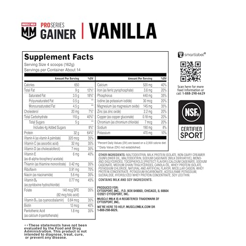 Muscle Milk Gainer Protein Powder, Vanilla Creme, 32g Protein, 5 Pound