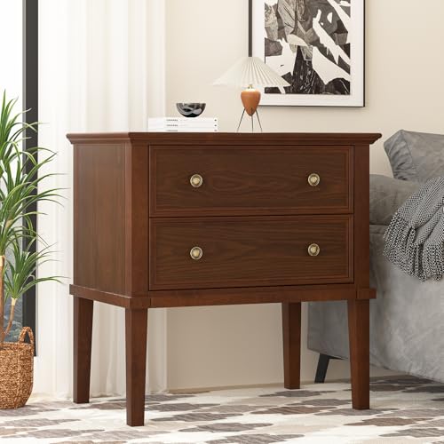 IKENO Solid Wood Nightstand with 2 Drawers, Wooden Bed...