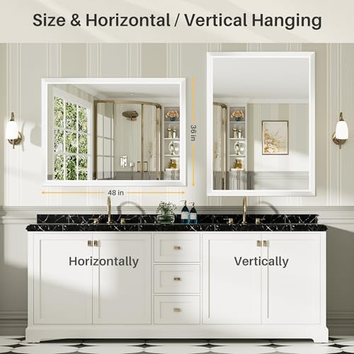 Image of 48x36 Inch White Bathroom Mirror for Wall, Thick Metal Framed Rectangle Mirrors for Over Sink, Bedroom, Living Room, Entryway, Anti-Rust, HD Tempered Glass