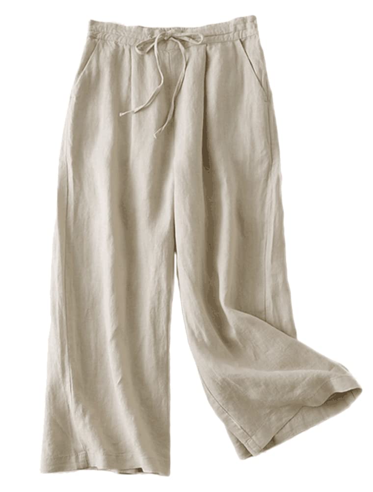 FTCayanz Donna Pantaloni Larghi Lino Vita Alta Pantaloni Gamba Larga Estivi con Coulisse