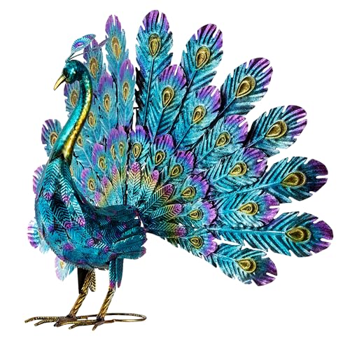 Alpine Corporation JUM232 58 cm Tall Outdoor Metallic Peacock Tail Spread Yard Statue Decoration, Multicolor